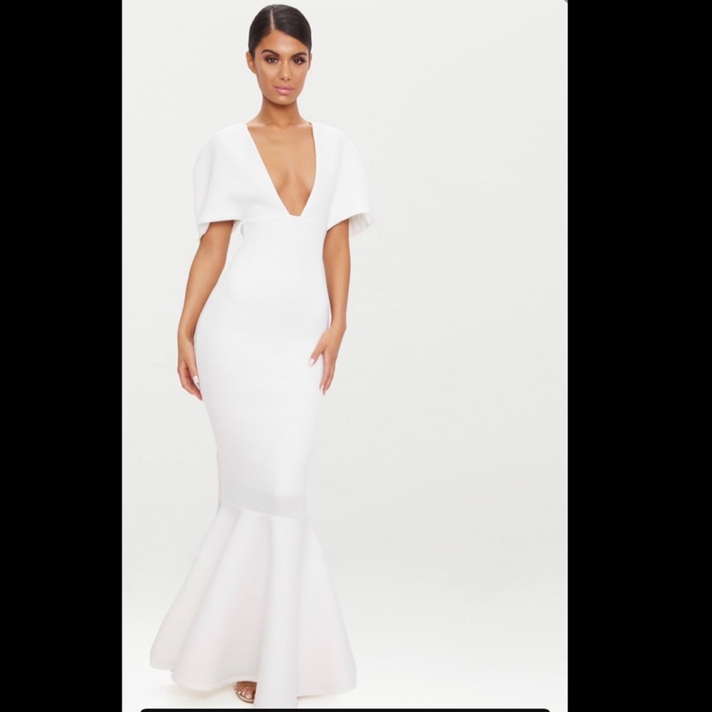 white cape detail plunge fishtail maxi dress PLT with tags